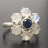 Large Daisy Ring - Genuine Sapphire Moonstone - White Blue Flower Ring