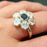 Large Daisy Ring - Genuine Sapphire Moonstone - White Blue Flower Ring