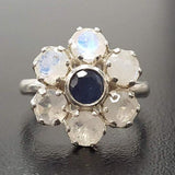 Large Daisy Ring - Genuine Sapphire Moonstone - White Blue Flower Ring