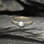 Boho-style ring with unique Larimar cabochon, a thoughtful March birthstone gift or vacation accessory.
