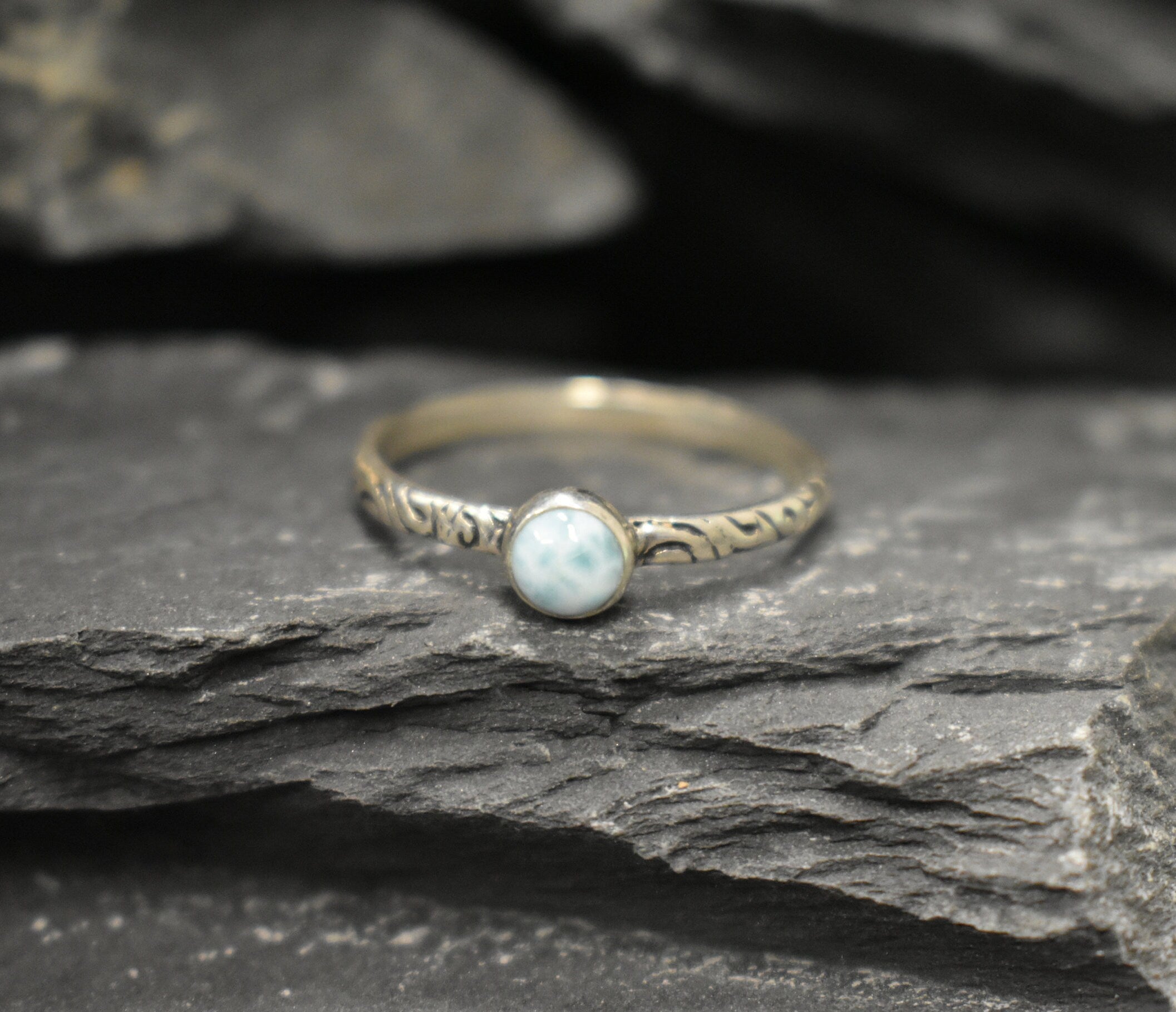 Boho-style ring with unique Larimar cabochon, a thoughtful March birthstone gift or vacation accessory.