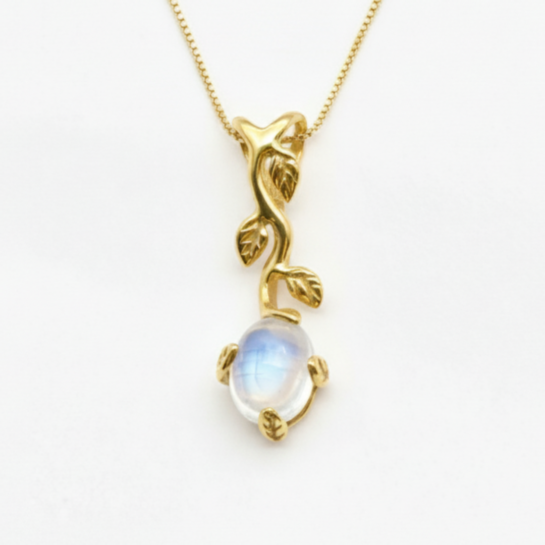 Natural Moonstone Pendant made in 18k Gold Vermeil with Oval Natural Rainbow Moonstone in Prong setting, June Birthstone gift idea, symbolizes hope, healing, and protection, ideal for everyday wear and perfect for birthday gifting and special occasions.