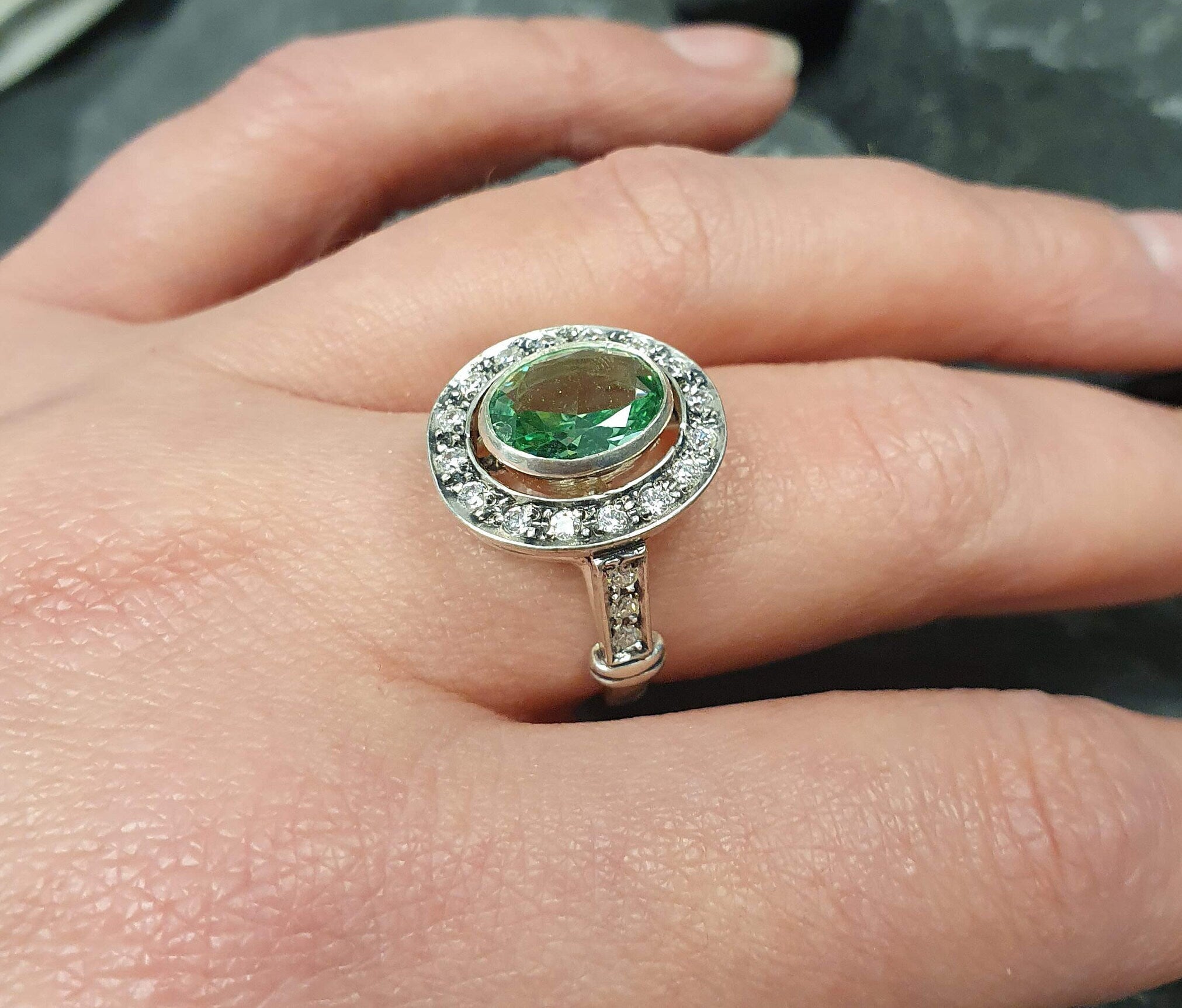 Elegant 925 Sterling Silver ring featuring a Created Mint Emerald, perfect for May birthdays and special occasions.