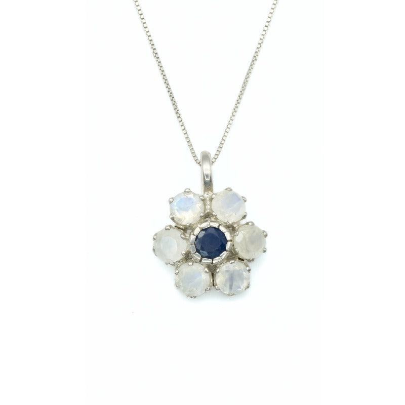 Moonstone and Sapphire pendant with floral-inspired jewelry design