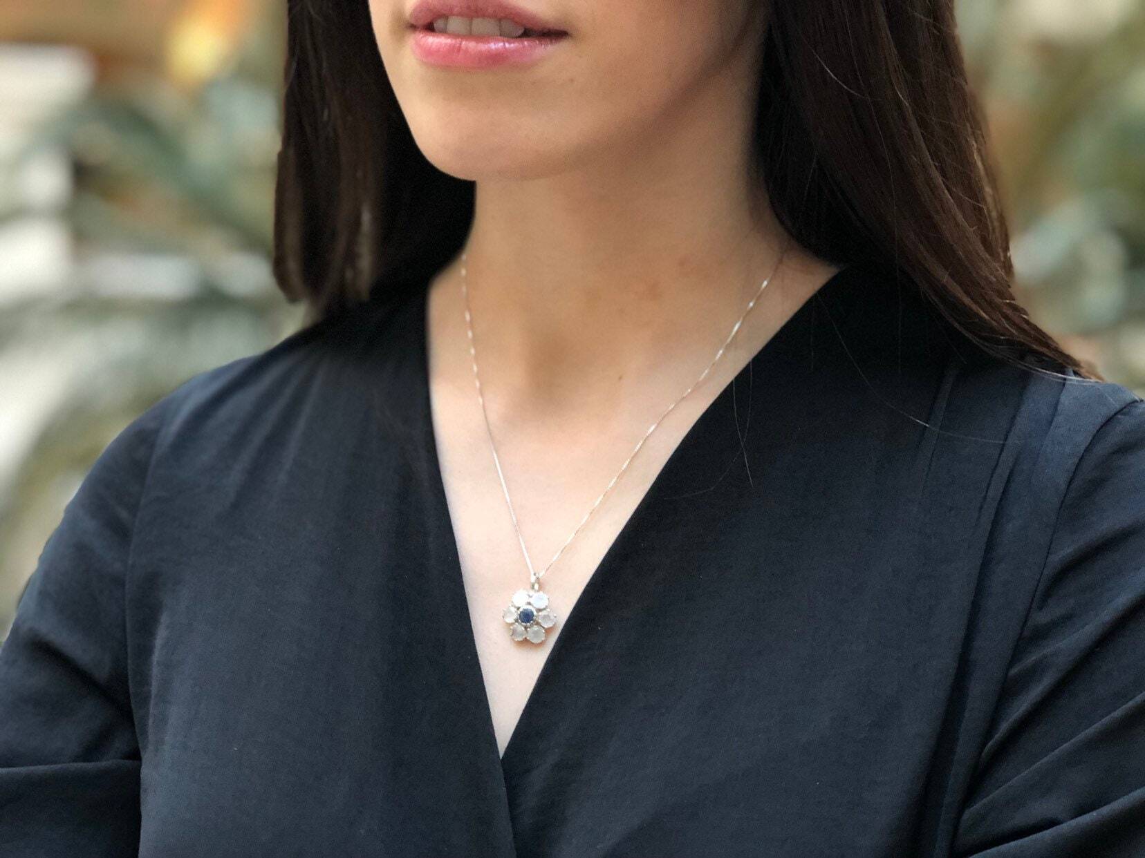 Moonstone and Sapphire pendant, styled well with V-neck top & black tops.