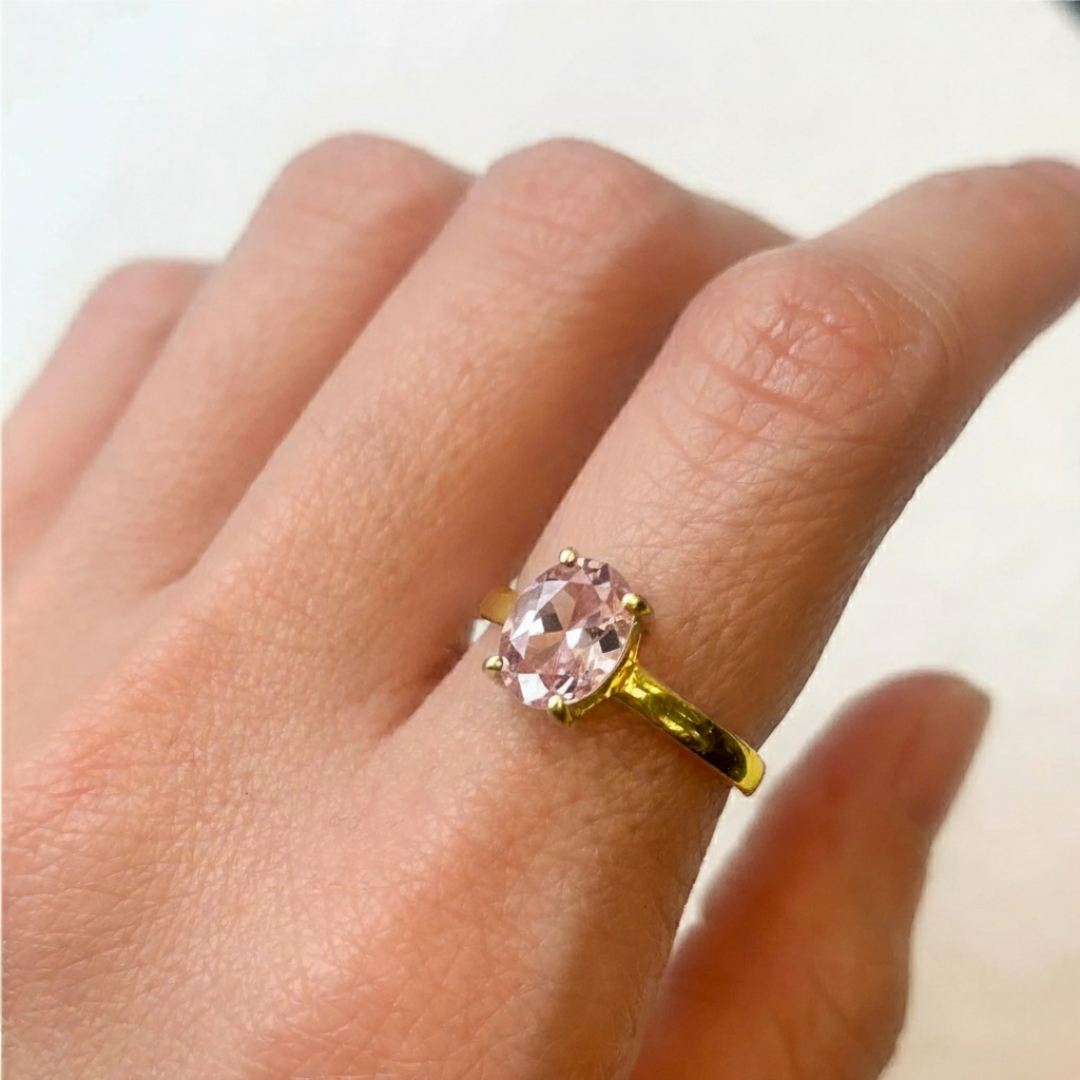 Elegant Morganite Gold Ring featuring a stunning pink oval stone set in 18k Gold Vermeil, perfect for special occasions.