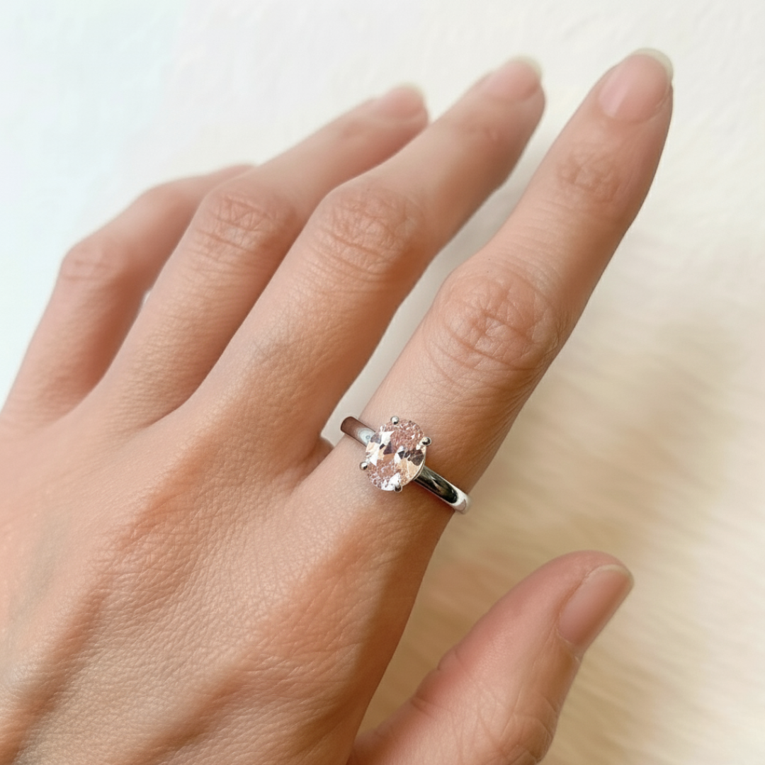 Elegant Oval Morganite Ring in 925 Sterling Silver, perfect for daily wear and special celebrations. Pink solitaire design.