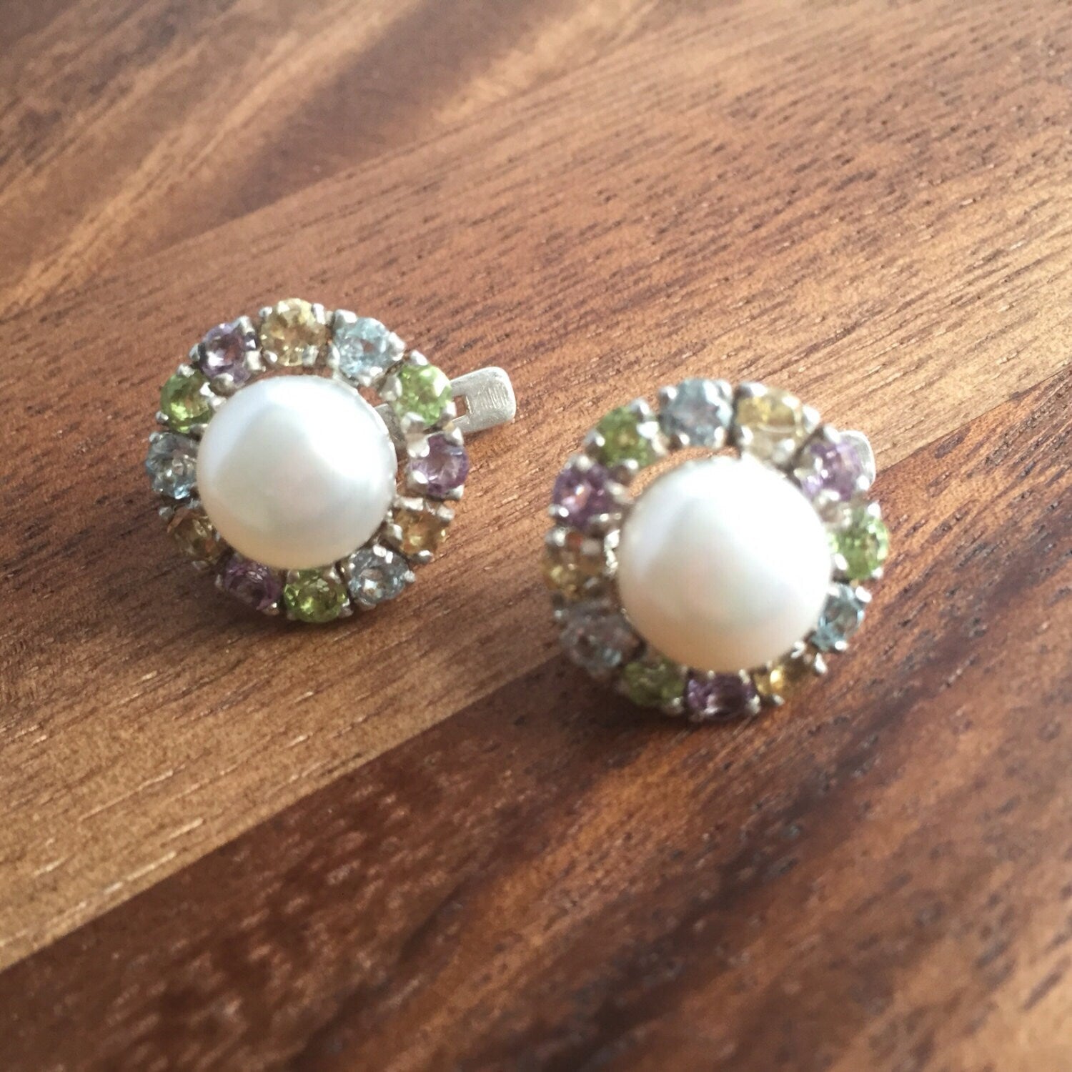 Colorful gemstone halo earrings with a central Natural Pearl, designed for charm and clarity, suitable for bridesmaids, weddings, and seasonal events.
