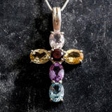 Multistone Cross Necklace - Real Garnet Pendant - Statement Cross Necklace