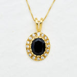 Natural black onyx pendant with CZ diamond halo in 18k gold vermeil vintage necklace setting