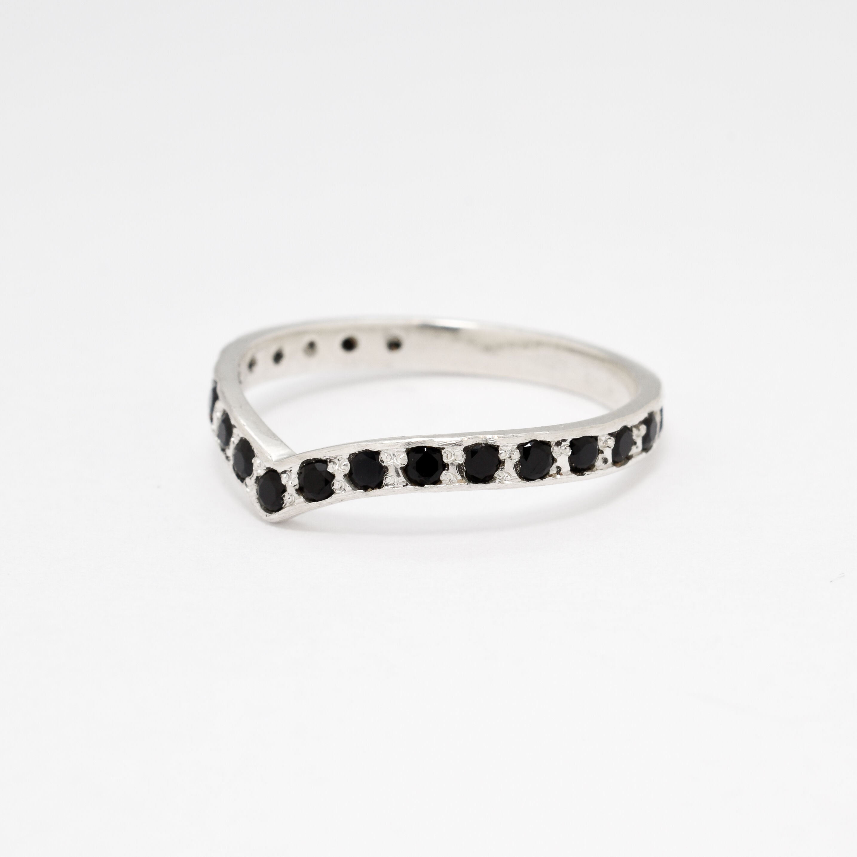 Black Natural Onyx Ring in a v-shaped band, crafted in Solid 925 Sterling Silver. Silver Chevron Band ideal as an everyday ring, perfect for wearing solo or ring stacking. 
