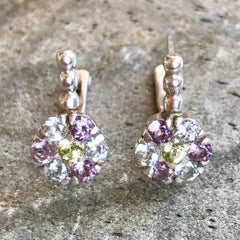Natural Blue Topaz, Amethyst, and Peridot earrings in a delicate floral design, perfect for elegance and everyday charm.