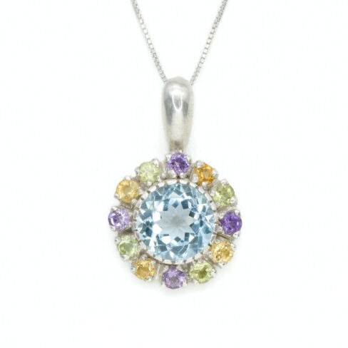 Natural Blue Topaz pendant necklace with a timeless halo style, promotes clarity and peace, perfect gift for December birthdays and anniversaries.