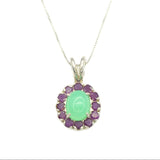 Natural Chrysoprase cabochon pendant in a classic halo setting with Ruby, offers calming elegance and emotional healing, ideal for May birthdays and thoughtful gifts.