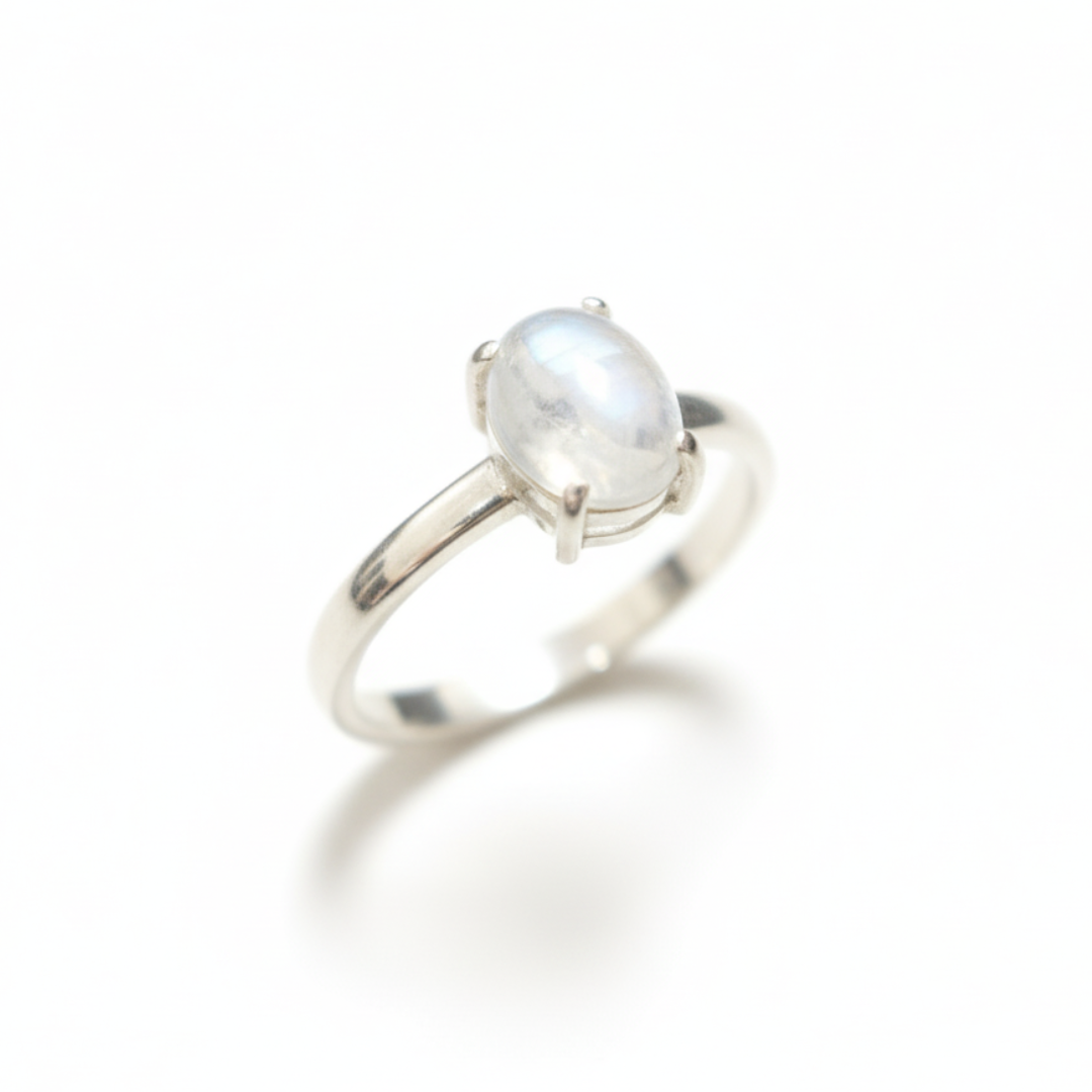 Natural Moonstone Ring made in 925 Sterling Silver with Oval Natural Rainbow Moonstone in Prong setting, June Birthstone gift idea, symbolizes hope, healing, and protection, ideal for everyday wear and perfect for birthday gifting and special occasions.