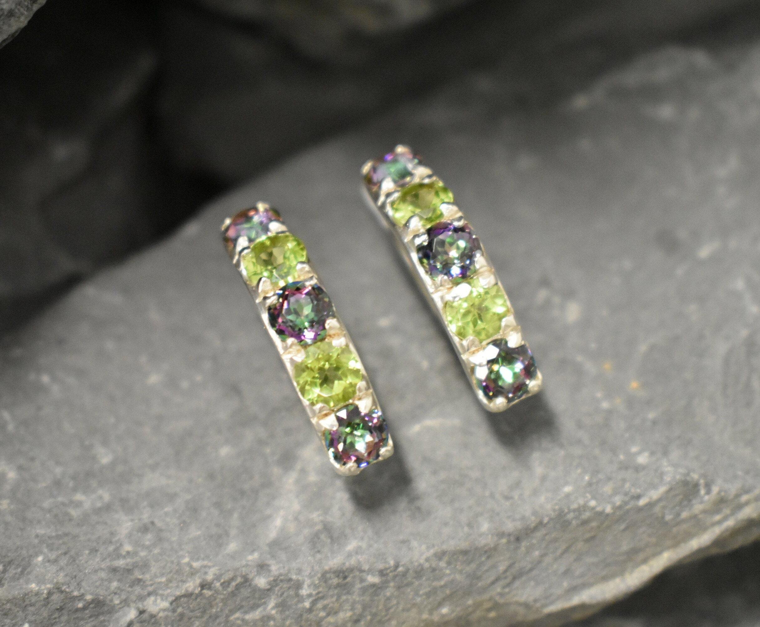 Natural Mystic Topaz and Peridot earrings in sterling silver hoops, vibrant color gemstones symbolizing creativity and growth, perfect August birthstone gift for summer birthdays and anniversaries