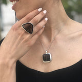Obsidian Pendant, Natural Obsidian Necklace, Silver Statement Pendant, Large Square Pendant, Silver Vintage Necklace, Rare by Adina
