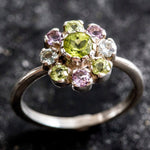 Natural Peridot Amethyst Blue Topaz ring in floral cluster design, perfect for elegant everyday wear and gemstone lovers.