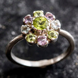 Natural Peridot Amethyst Blue Topaz ring in floral cluster design, perfect for elegant everyday wear and gemstone lovers.