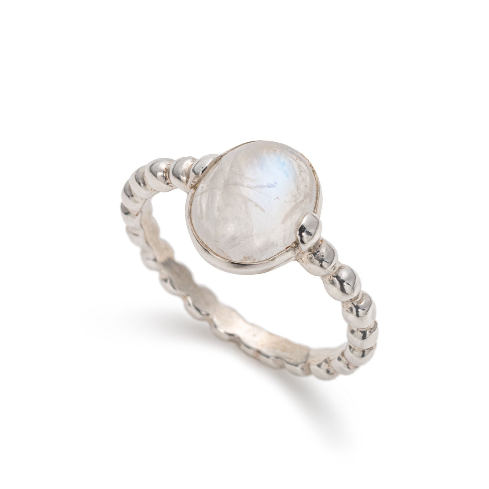 Natural Rainbow Moonstone Ring in a beaded sterling silver band – elegant style with emotional clarity, perfect gift for June birthdays and healing ceremonies.