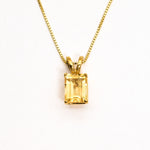 Yellow gold plated necklace with Natural Citrine November birthstone in emerald cut and prong setting. Yellow Gemstone Necklace ideal for special occasions and personalized gift. Citrine boosts positivity and prosperity. For joy, abundance, confidence