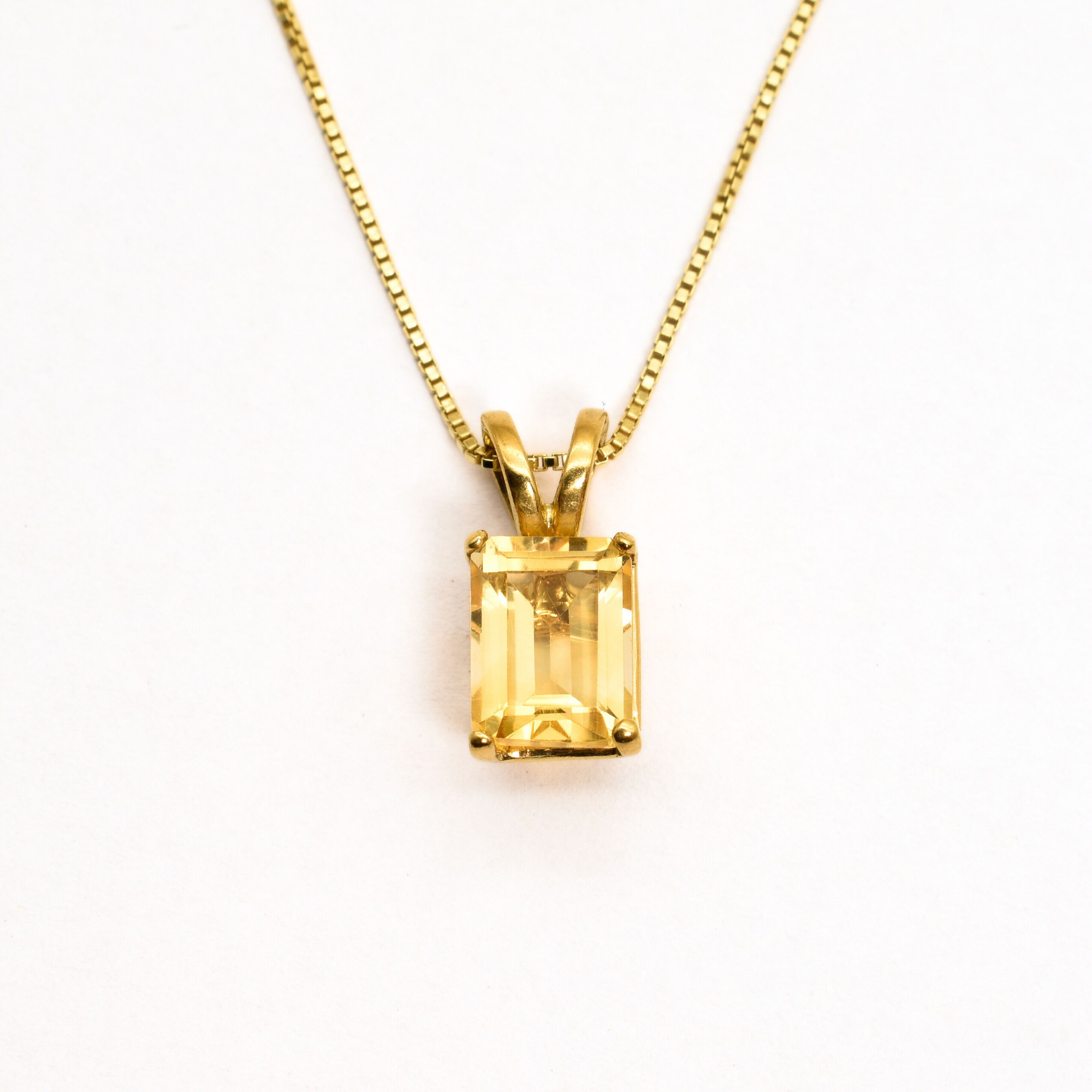 Yellow gold plated necklace with Natural Citrine November birthstone in emerald cut and prong setting. Yellow Gemstone Necklace ideal for special occasions and personalized gift. Citrine boosts positivity and prosperity. For joy, abundance, confidence