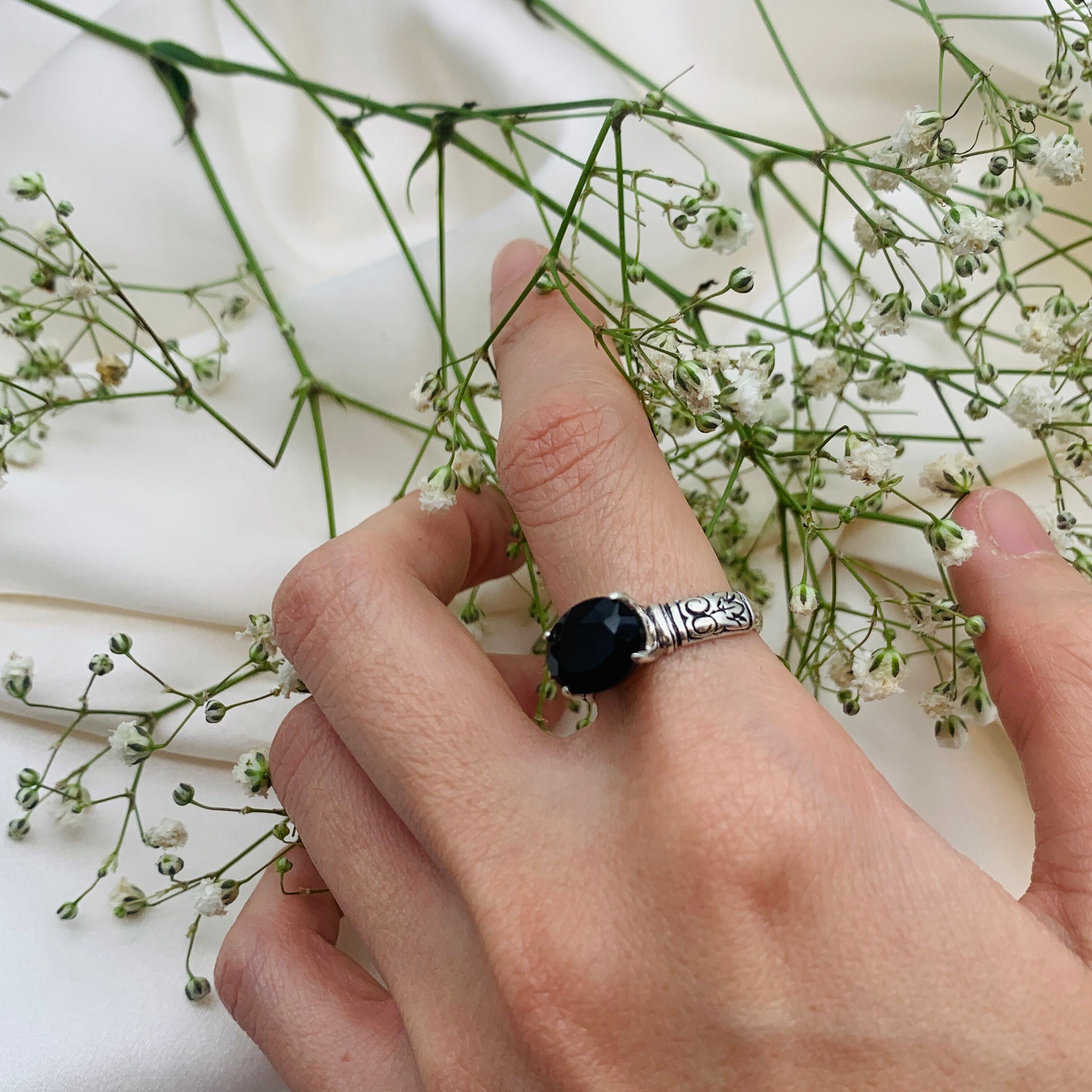 Handcrafted Genuine Onyx Black Tribal Ring set in Solid 925 Sterling Silver, Unisex Silver Ring
