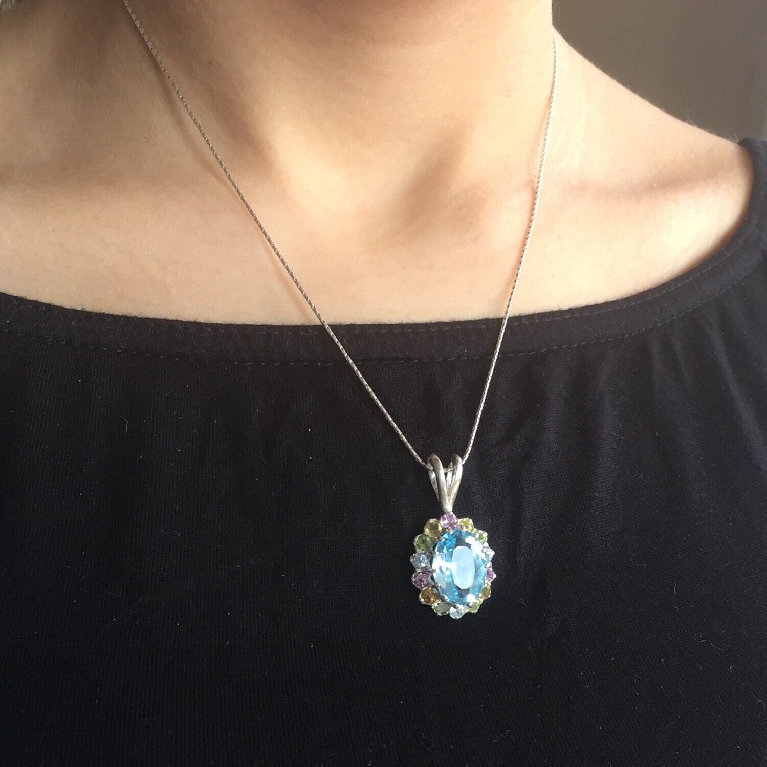 Blue Topaz necklace featuring a large oval gem surrounded by vibrant stones