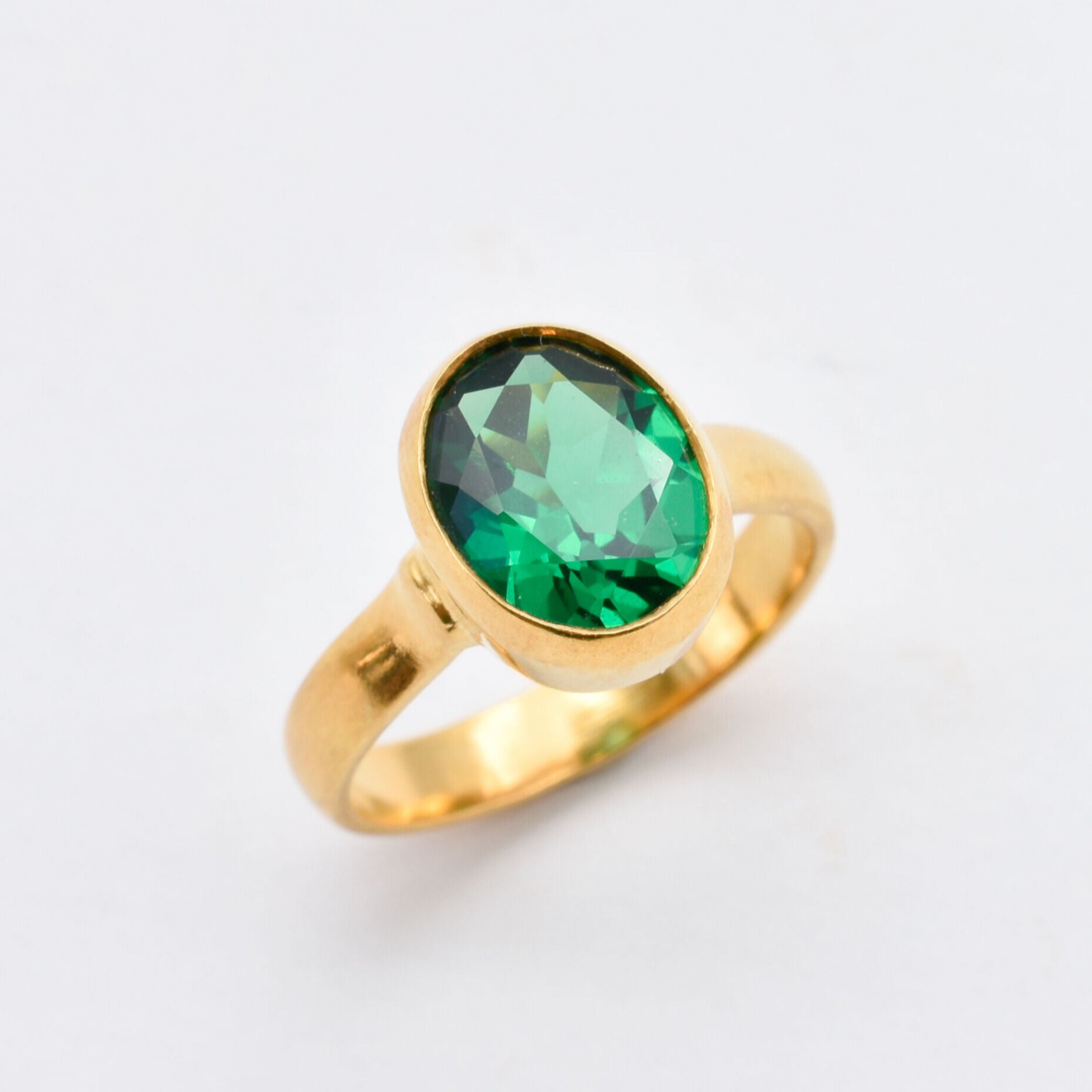 Created Emerald Ring made in 18k Gold Vermeil with Oval Created Green Emerald in Bezel setting, May Birthstone gift idea, symbolizes, ideal for everyday wear and perfect for birthday gifting and special occasions.