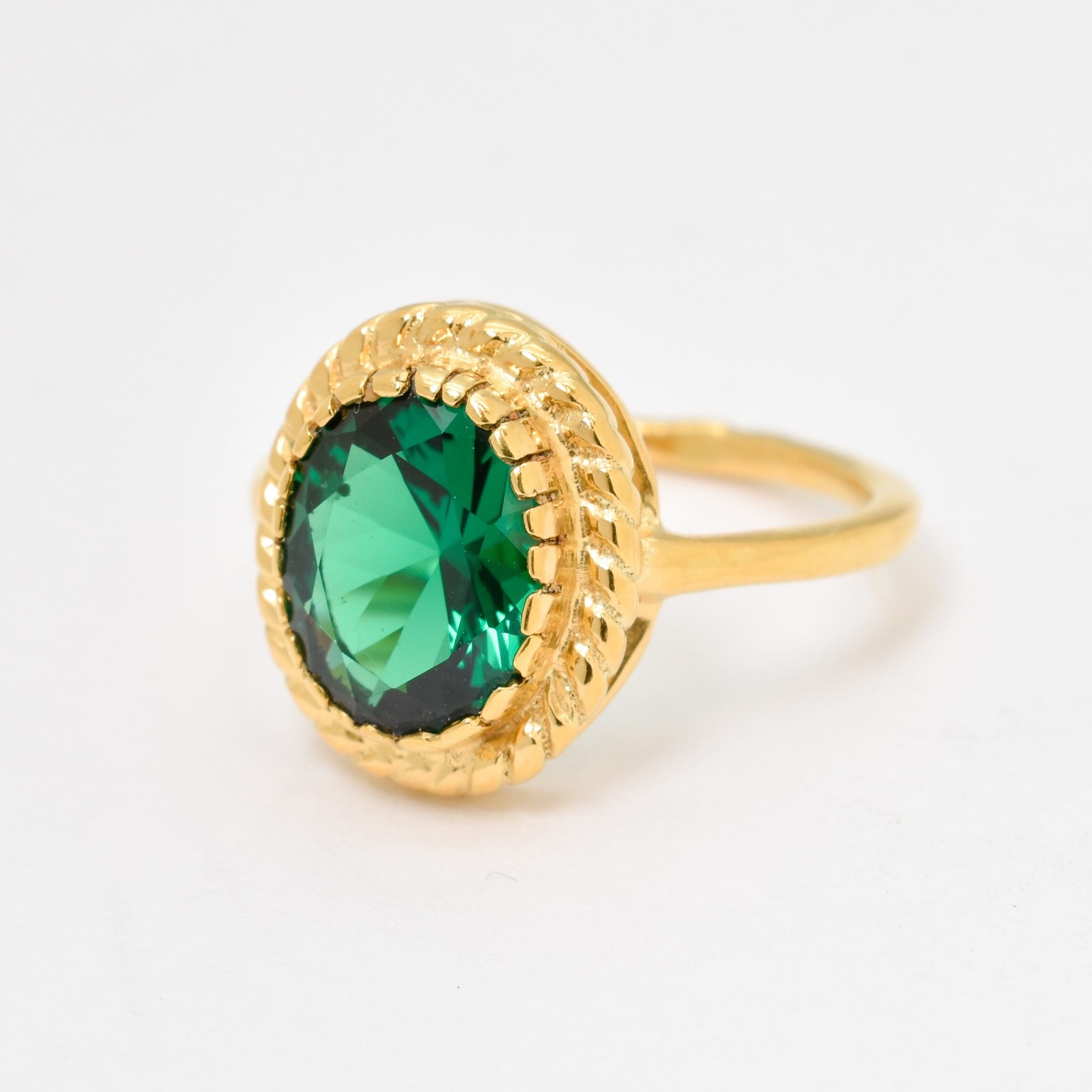 Elegant 18k Gold Vermeil Ring featuring an Oval Created Green Emerald, a stunning May birthstone gift for any occasion.