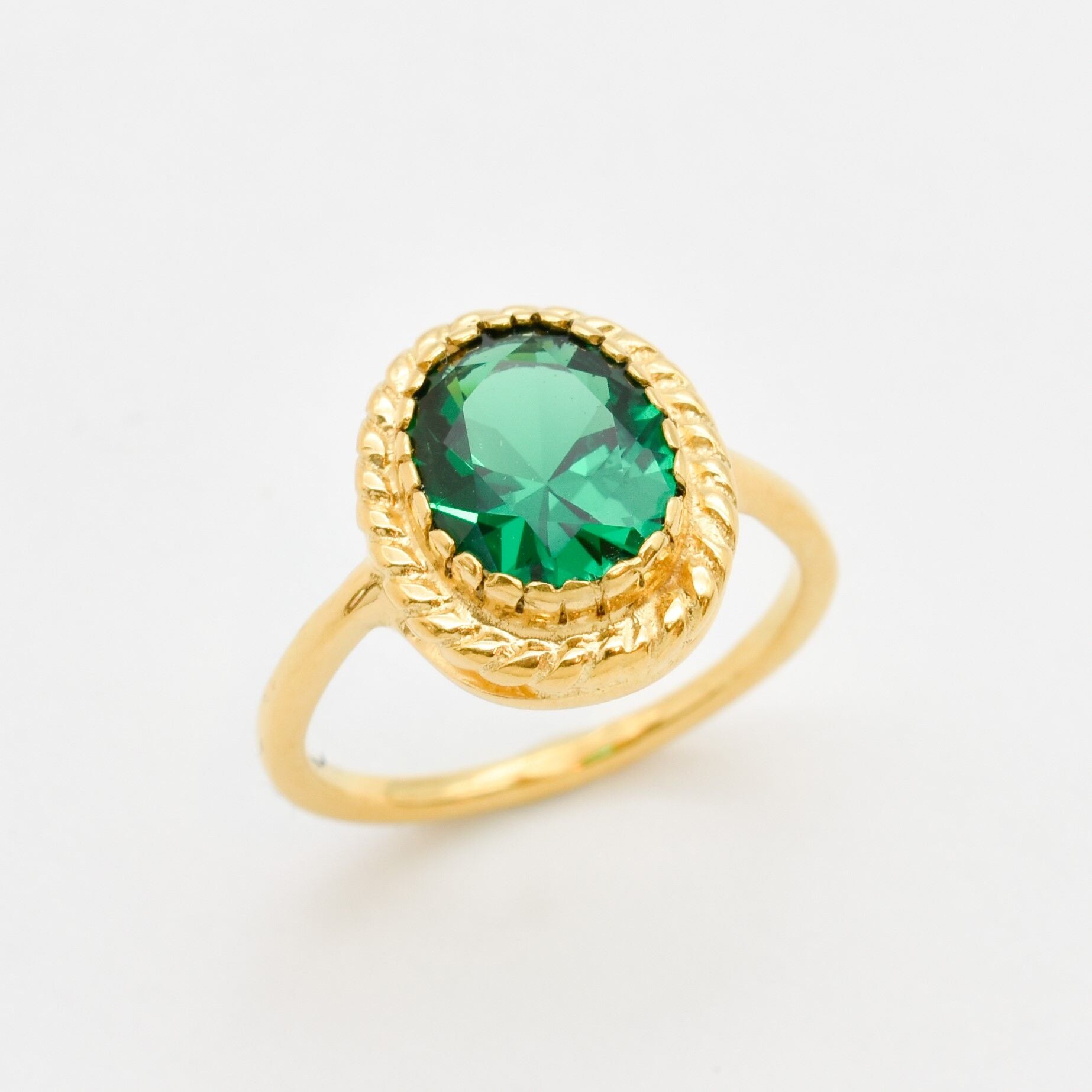 Created Emerald Ring made in 18k Gold Vermeil with Oval Created Green Emerald in Solitaire setting, May Birthstone gift idea, symbolizes, ideal for everyday wear and perfect for birthday gifting and special occasions.