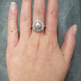 Peach Pearl Ring - Blue Topaz Halo Ring - Natural Pearl Band