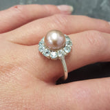Peach Pearl Ring - Blue Topaz Halo Ring - Natural Pearl Band