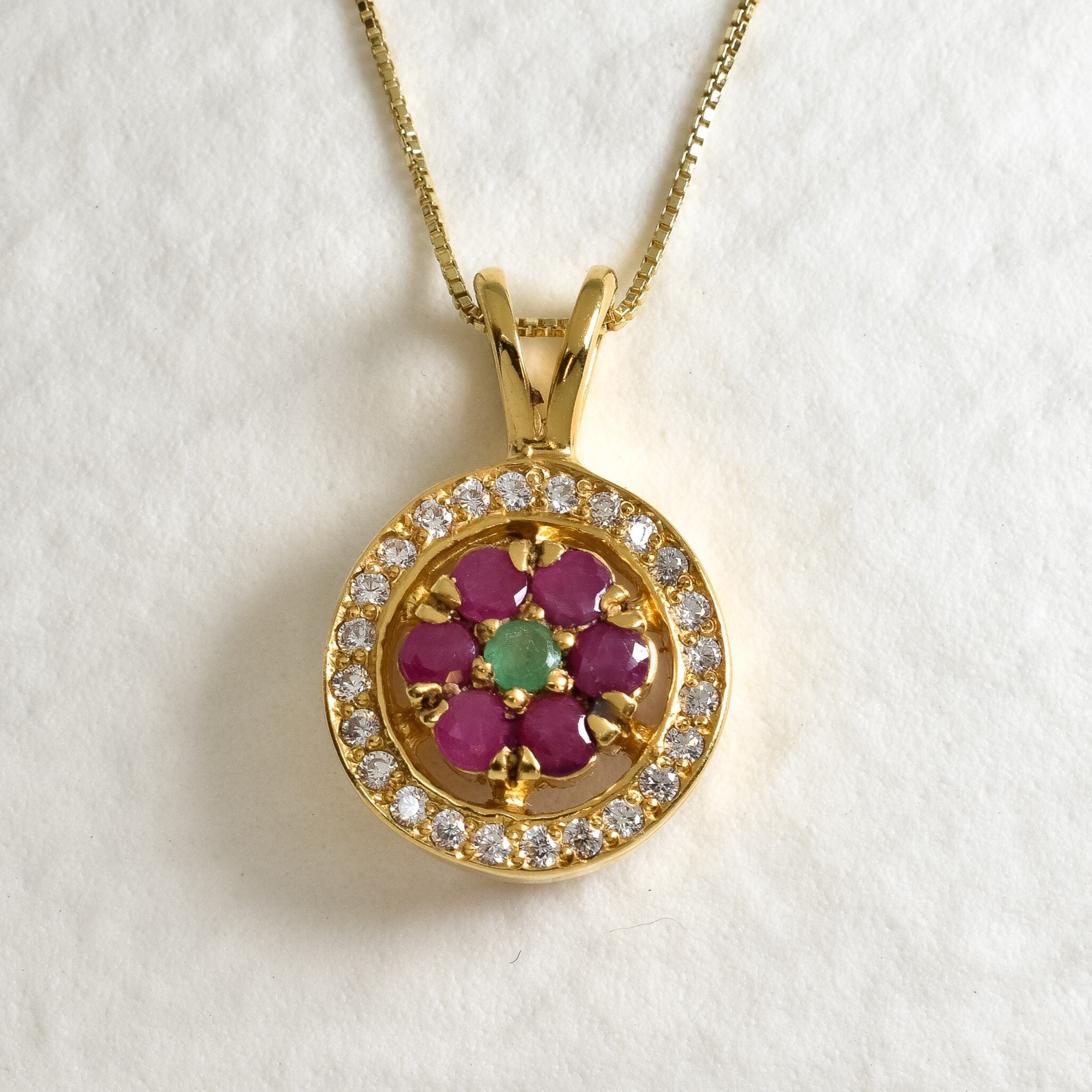 Gold Ruby Pendant - Ruby Flower Necklace - Emerald Cluster Necklace made in 18k Gold Vermeil. Ideal for everyday wear and perfect for birthday gifting and special occasions.