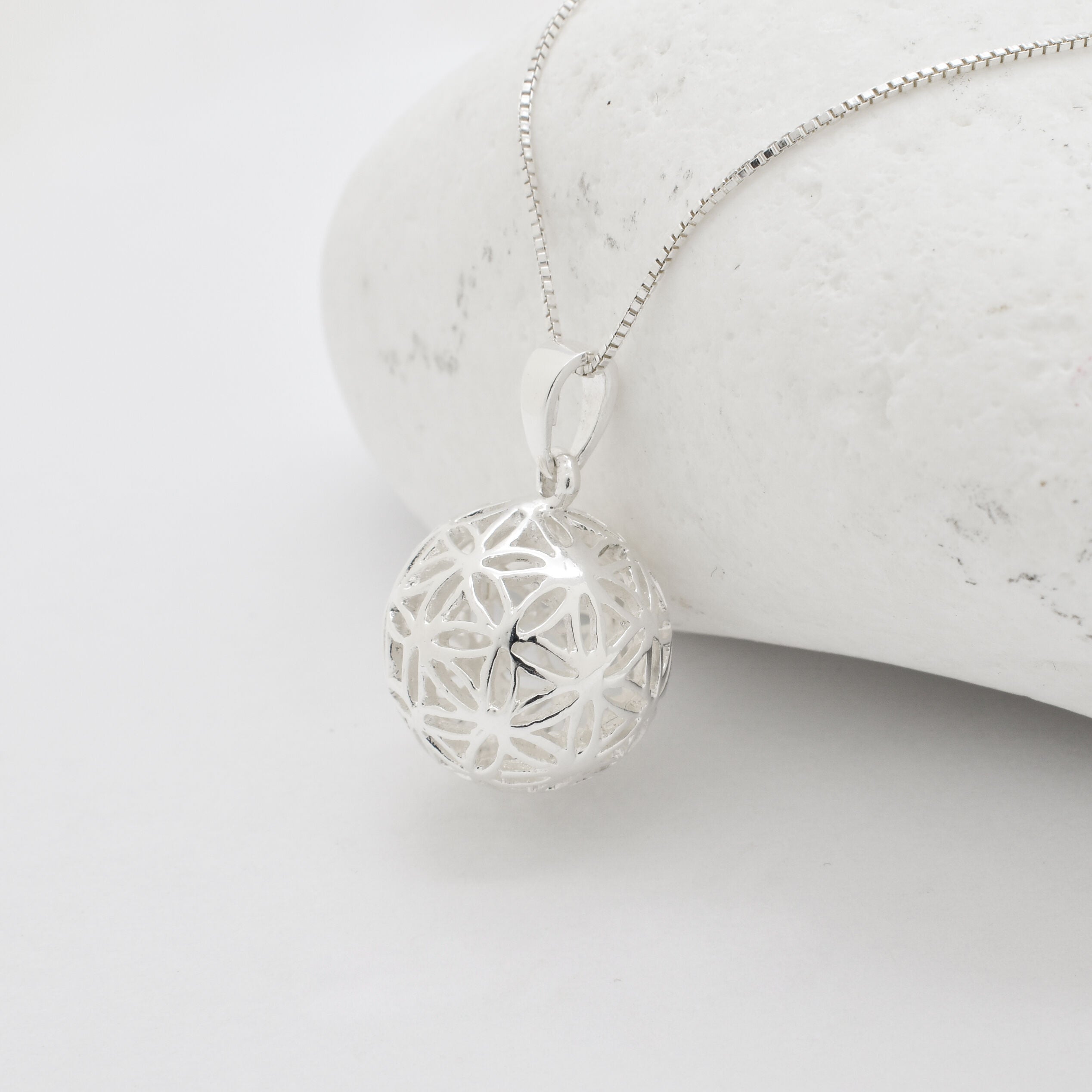 Silver Sphere Pendant - Flower Ball Necklace - 3D Ball Necklace made in 925 Sterling Silver. Ideal for everyday wear and perfect for birthday gifting and special occasions.