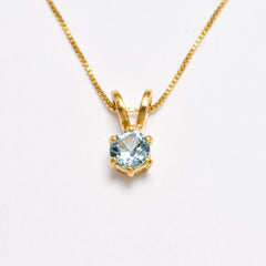 Created Aquamarine Pendant made in 18k Gold Vermeil with Round Created Blue Aquamarine in Solitaire setting, March Birthstone gift idea, symbolizes courage & good luck, ideal for everyday wear and perfect for birthday gifting and special occasions.