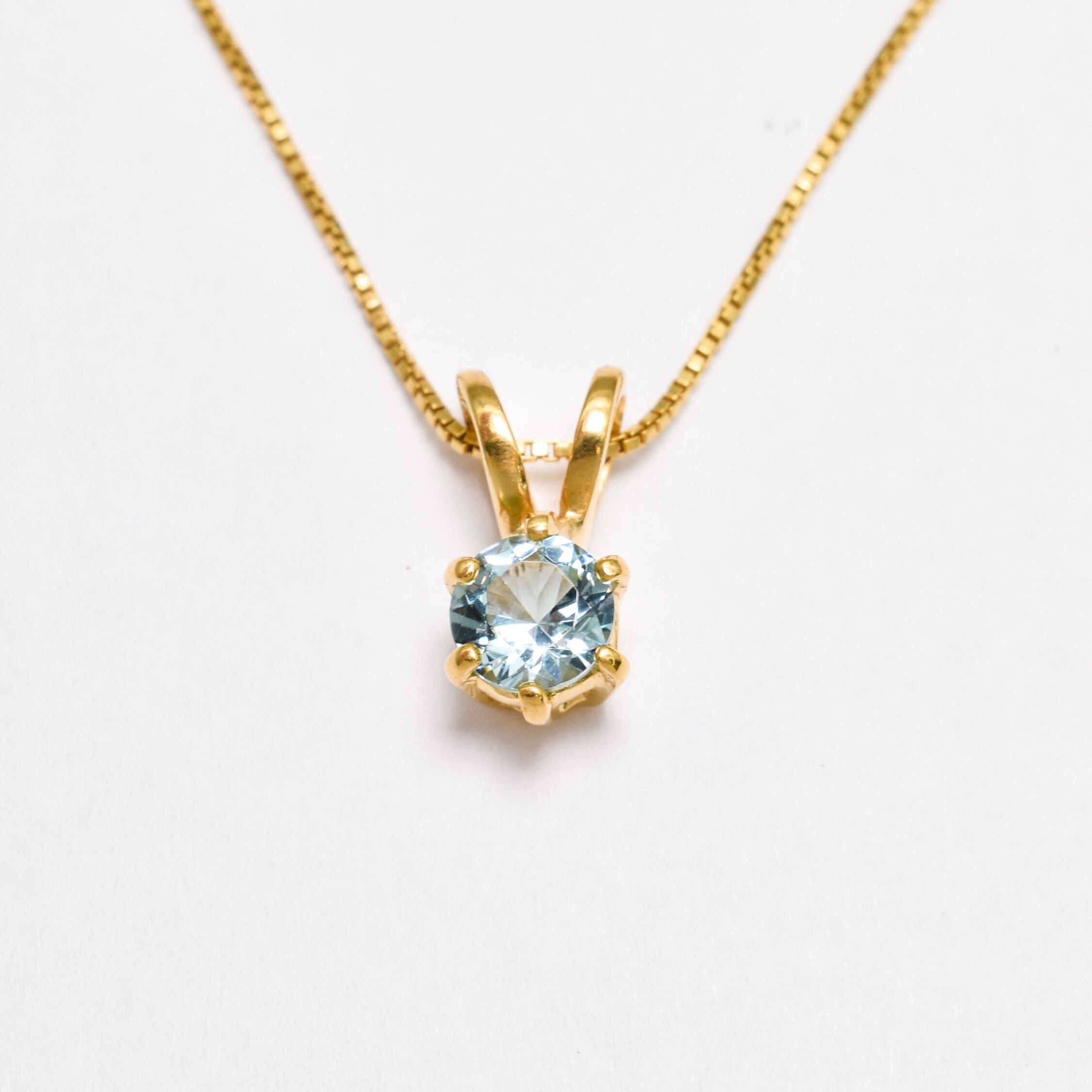 Created Aquamarine Pendant made in 18k Gold Vermeil with Round Created Blue Aquamarine in Solitaire setting, March Birthstone gift idea, symbolizes courage & good luck, ideal for everyday wear and perfect for birthday gifting and special occasions.