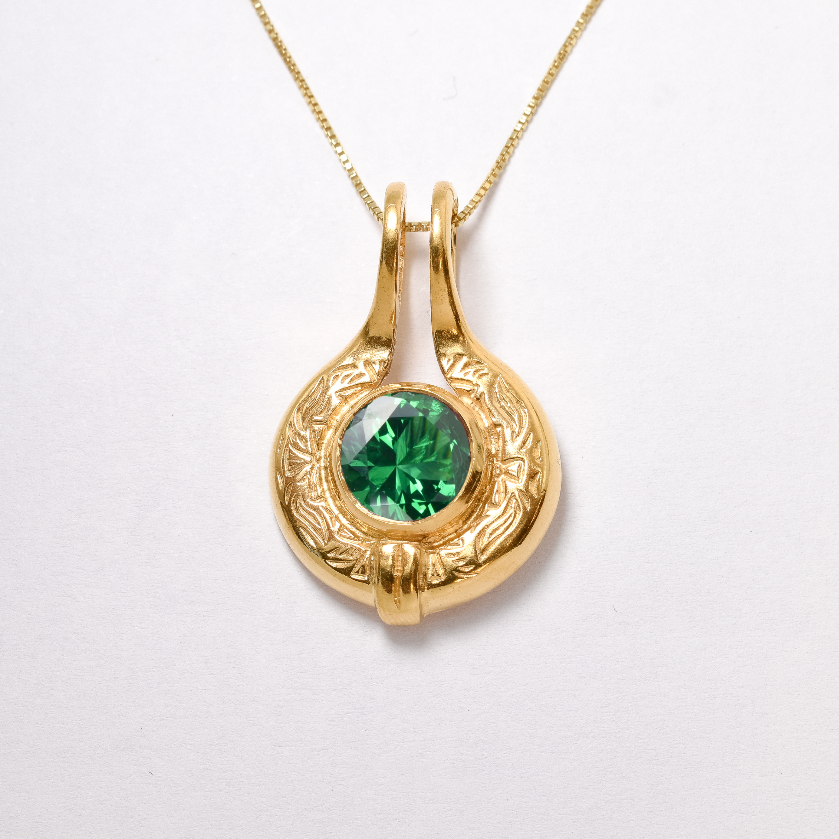 Created Emerald Pendant made in 18k Gold Vermeil with Round Created Green Emerald in Bezel setting, May Birthstone gift idea, symbolizes, ideal for everyday wear and perfect for birthday gifting and special occasions.