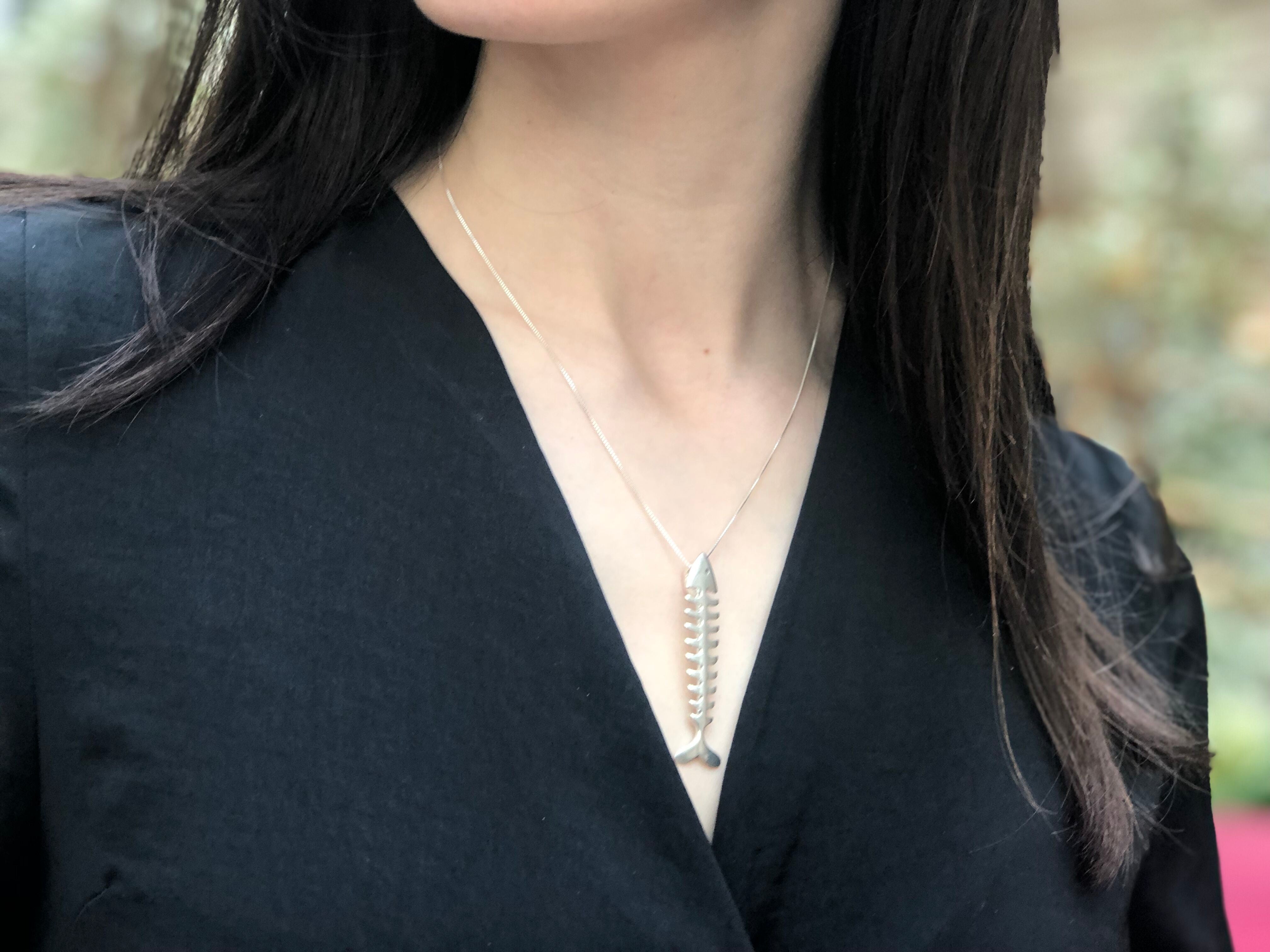 Silver Fish Pendant, Long Silver Pendant, Fish Bone, Large Silver Pendant, Animal Pendant, Solid Silver Pendant, Silver Artisan Pendant