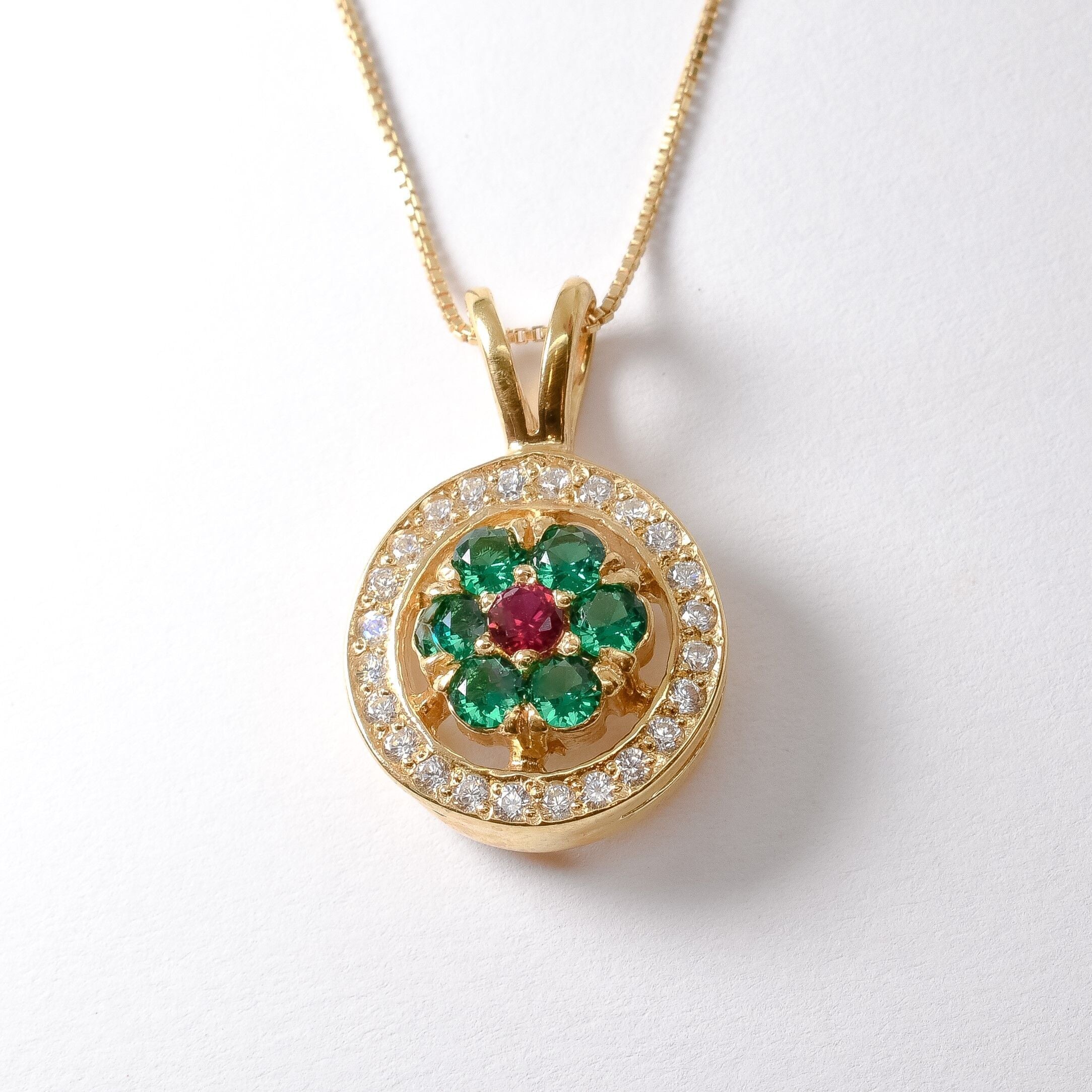 Created Emerald Pendant made in 18k Gold Vermeil with Round Created Green Emerald in Cluster setting, May Birthstone gift idea, symbolizes, ideal for everyday wear and perfect for birthday gifting and special occasions.