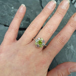 Peridot cluster gemstone ring with Blue Topaz and Amethyst, perfect as a thoughtful jewelry gift.