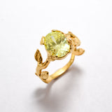 Green Peridot Ring - Oval Peridot Ring - Gold Leaves Ring