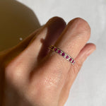 Silver Alexandrite Ring, Pink Eternity Ring, Pink Stackable Band worn on index finger