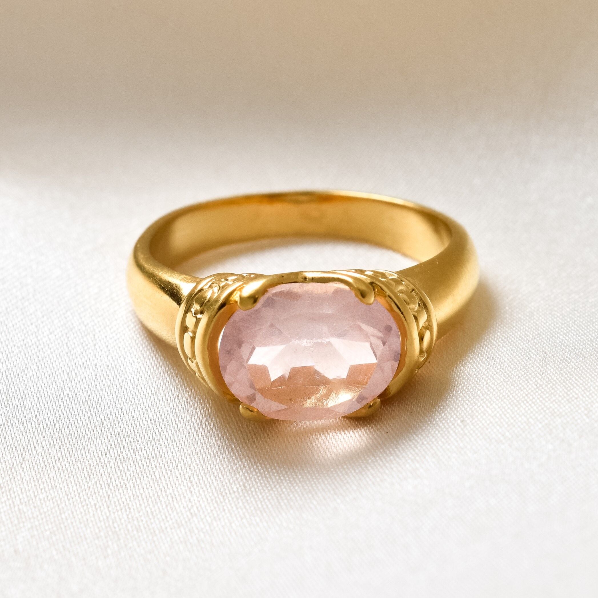 Pink Rose Quartz Ring set in 18k yellow gold over solid 925 sterling silver, in stunning pink color and clarity, and in a prong setting. January Birthstone ring symbolizing unconditional love. Pink Boho Ring perfect for chic and stylish outfit, can be worn as an everyday ring, and a perfect solitaire gemstone ring.