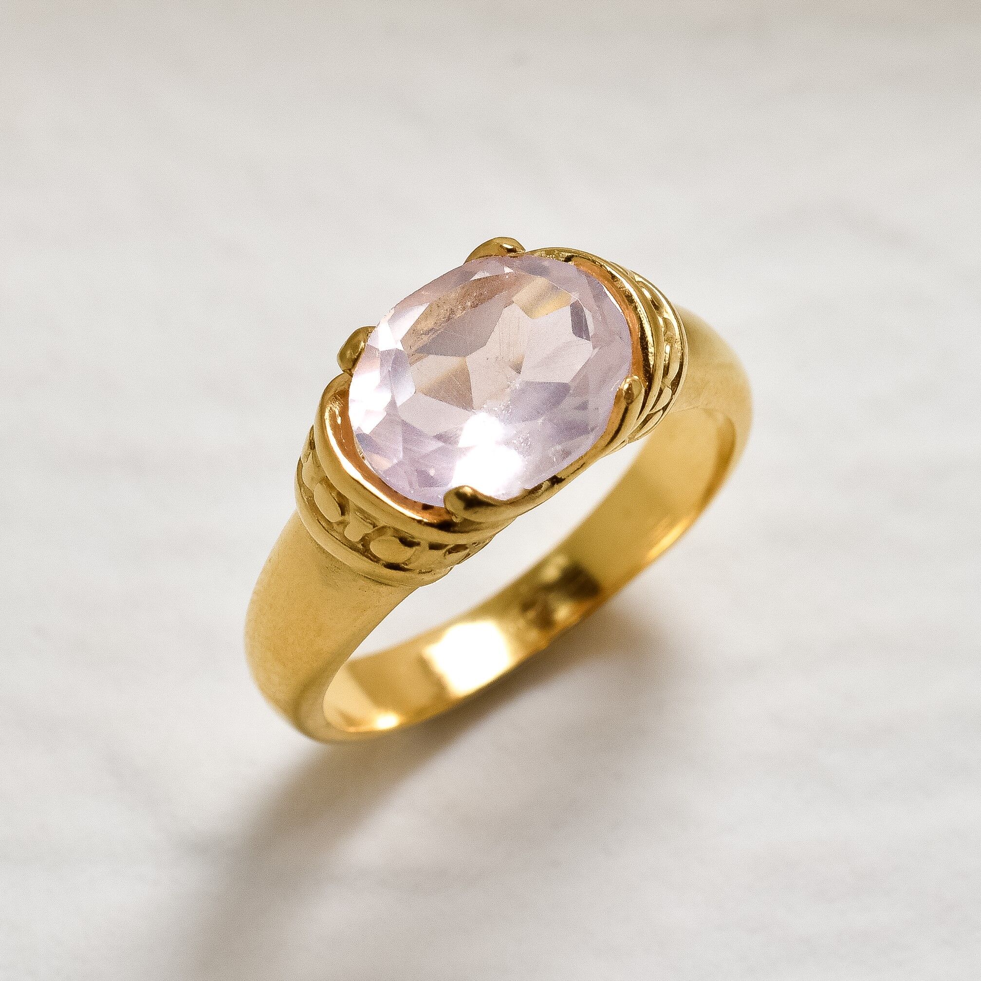 Pink Rose Quartz Ring set in 18k yellow gold over solid 925 sterling silver, in stunning pink color and clarity, and in a prong setting. January Birthstone ring symbolizing unconditional love. Pink Boho Ring perfect for chic and stylish outfit, can be worn as an everyday ring, and a perfect solitaire gemstone ring.