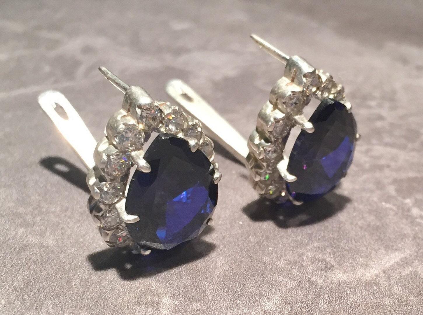 Gold Sapphire Earrings - Princess Diana Earrings - Blue Teardrop Earrings