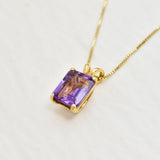 Yellow gold plated necklace with Amethyst February birthstone in radiant cut and prong setting. Square Gemstone necklace ideal for special occasions and anniversary present. Encourages calmness, spiritual growth, and emotional balance.
For peace, clarity, intuition