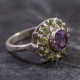 Floral cocktail ring with Natural Amethyst and Peridot stones sourced from Brazil, radiates freshness and balance, perfect for birthstone lovers or garden celebrations