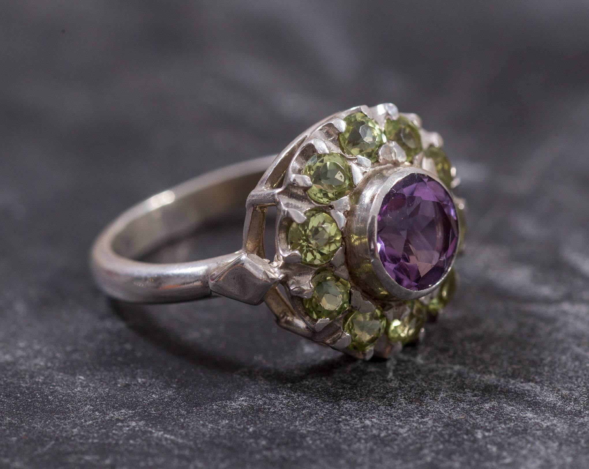 Floral cocktail ring with Natural Amethyst and Peridot stones sourced from Brazil, radiates freshness and balance, perfect for birthstone lovers or garden celebrations