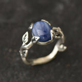 REAL Kyanite Ring - Blue Solitaire Ring - Leaf Branch Band